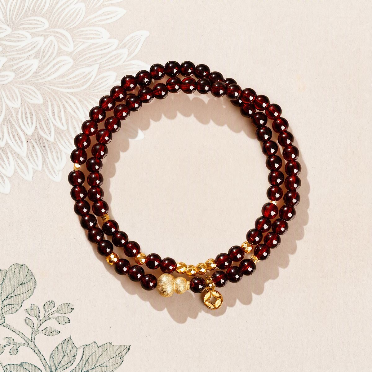 Natural Garnet Multi-Wrap Bracelet with Gold-Tone Gourd & Coin Charms
