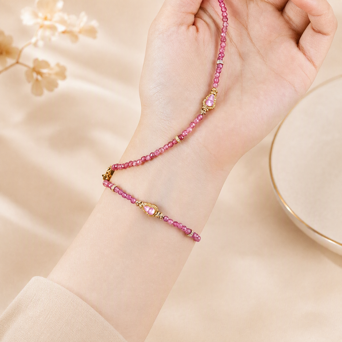 Faceted Gemstone Bracelet with Crystal-Embellished Gourd Charm – 5 Color Options