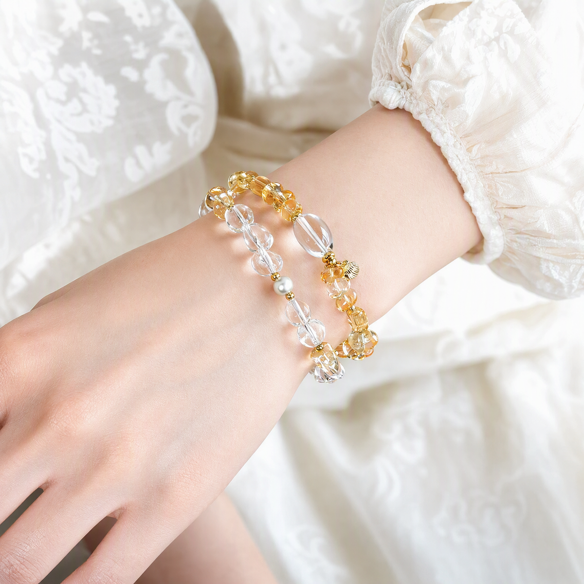 Natural Citrine & White Crystal Bracelet for Abundance & Wealth, Clear Quartz Beaded Bracelet with S925 Gold-Plated Silver