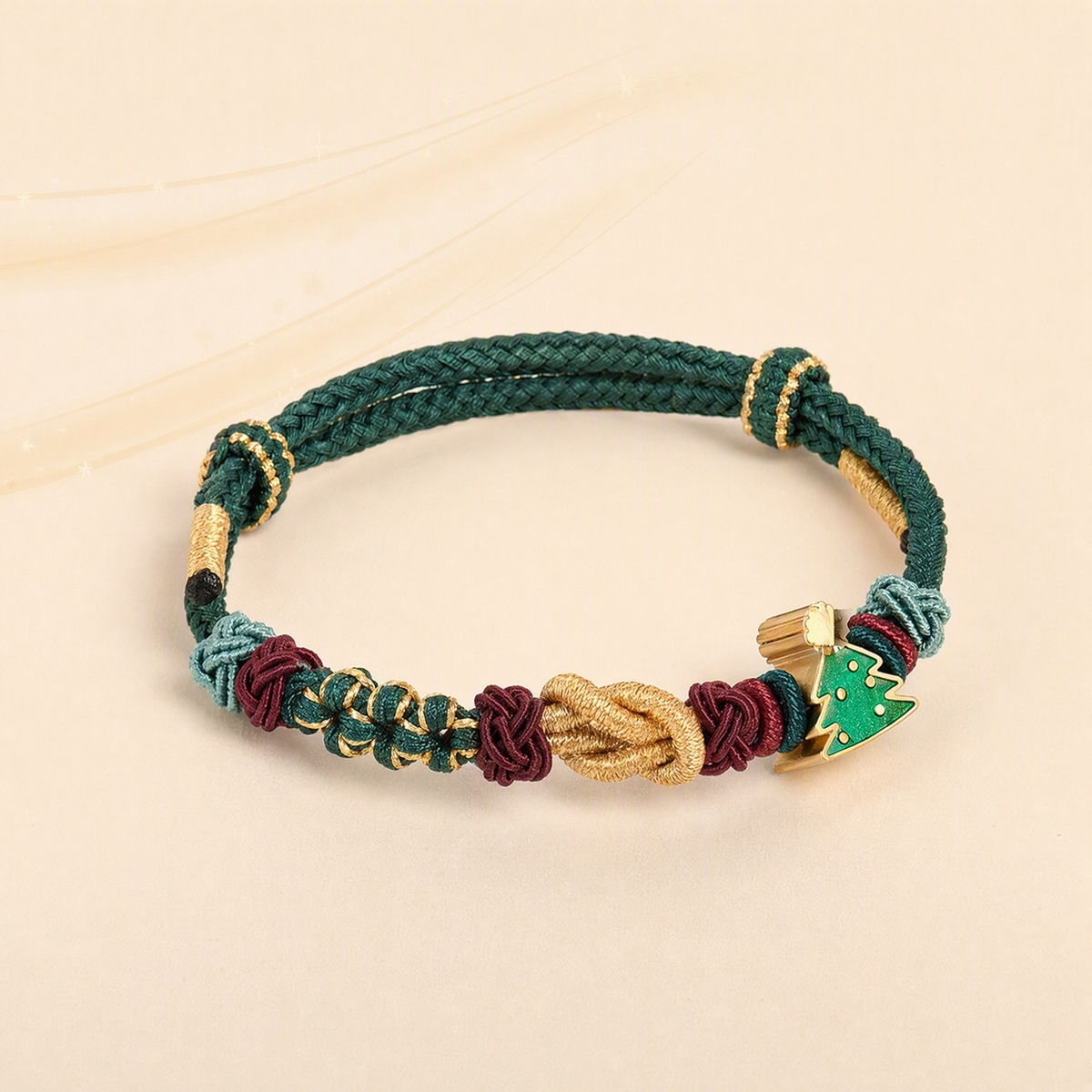DIY Christmas Woven Bracelet with Green Tree Bead Charm – Adjustable Christmas Gift