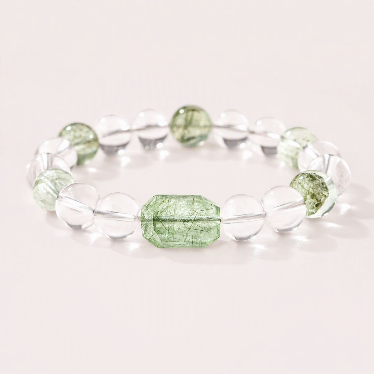 Natural Clear Quartz & Green Rutilated Quartz Bracelet with Green Phantom Crystals
