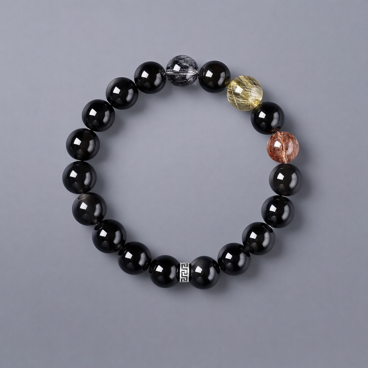 Black Obsidian & Rutilated Quartz Bracelet – Black, Gold & Silver Tones