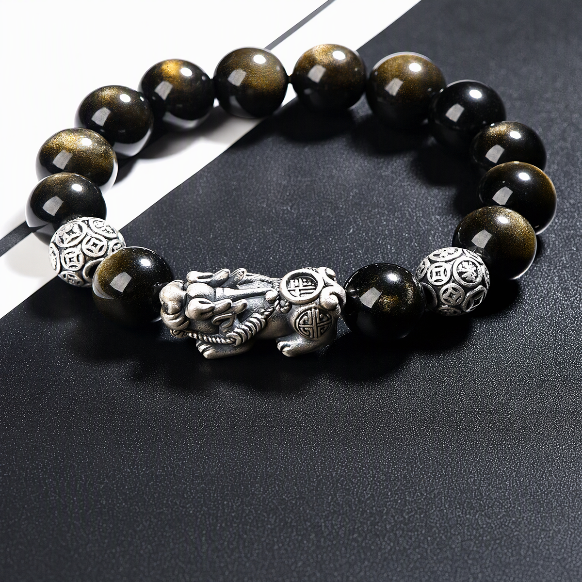 S925 Silver Pixiu & Black Obsidian Bracelet – Vintage 3D Design