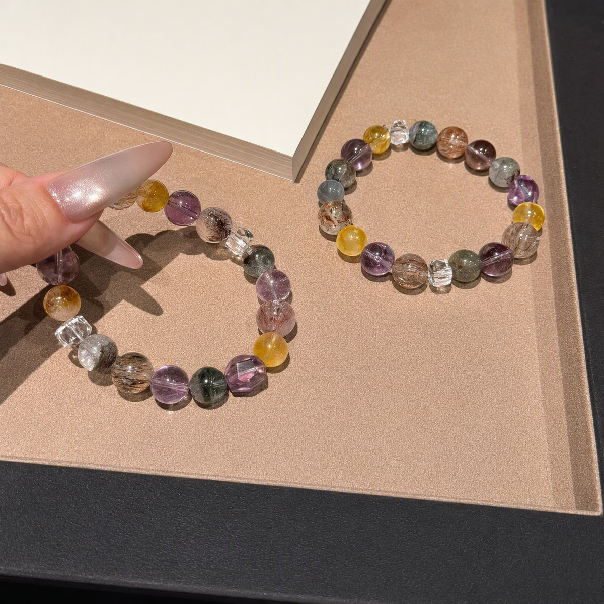 Amethyst, Black Gold Super Seven & Green Phantom Quartz Bracelet