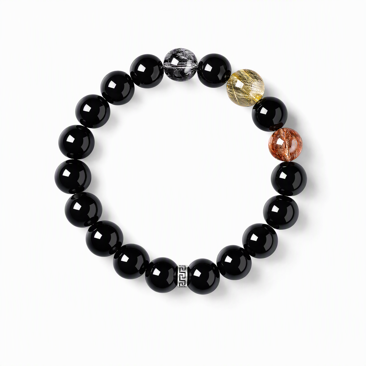 Black Obsidian & Rutilated Quartz Bracelet – Black, Gold & Silver Tones