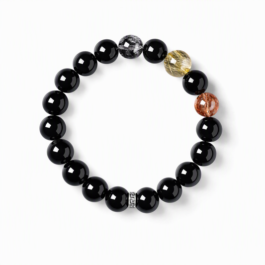 Black Obsidian & Rutilated Quartz Bracelet – Black, Gold & Silver Tones