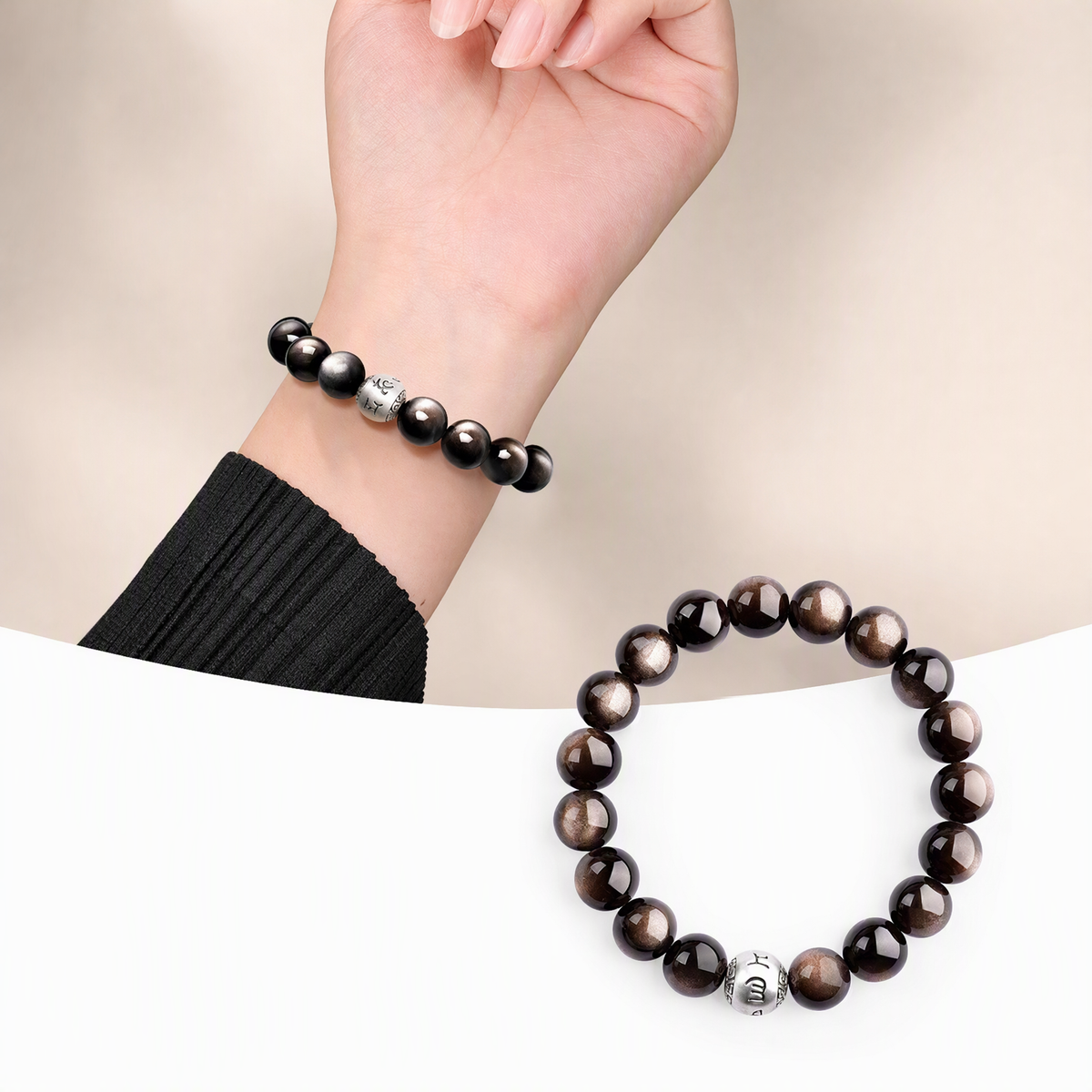 Silver Sheen Obsidian Six-Syllable Mantra Bracelet – Unisex