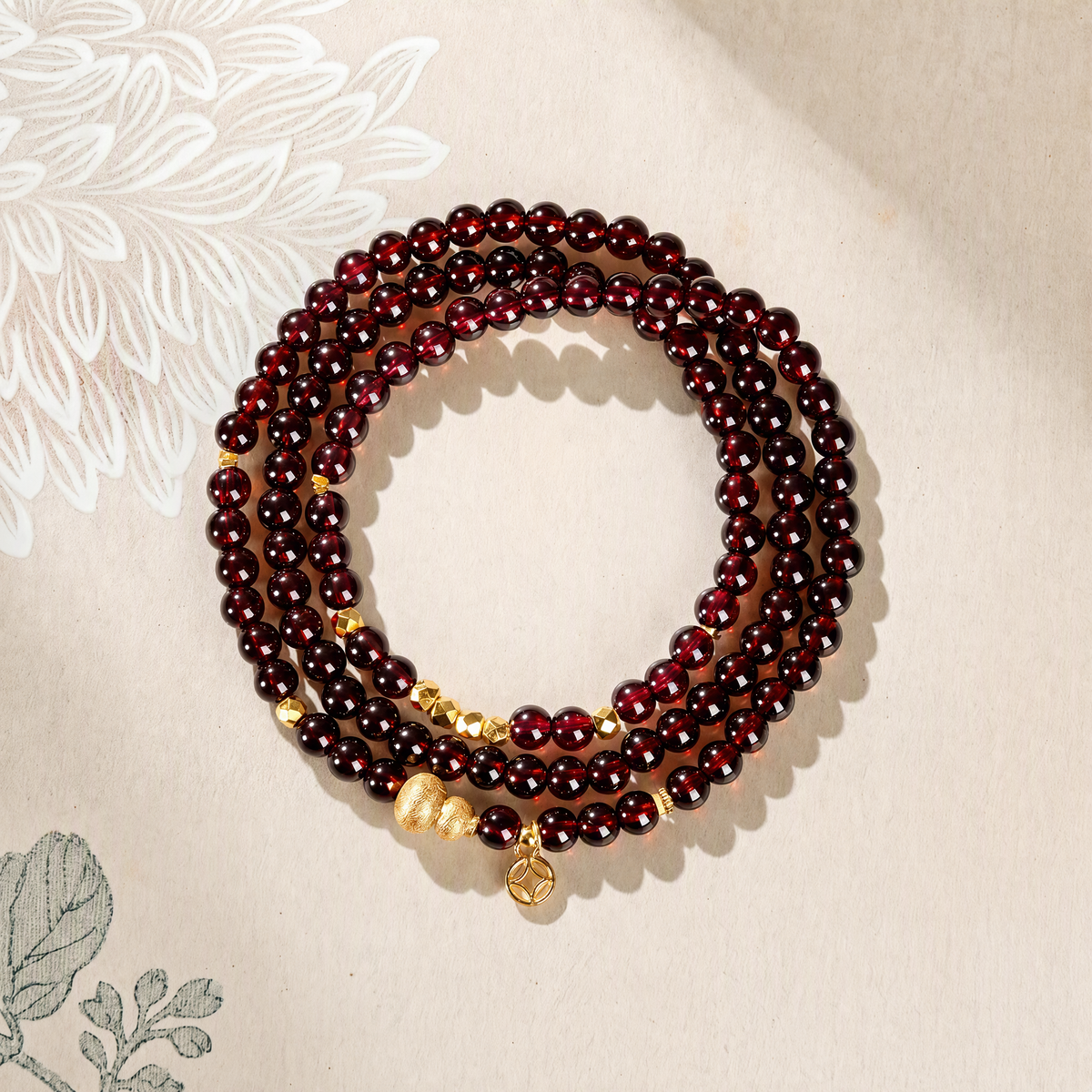 Natural Garnet Multi-Wrap Bracelet with Gold-Tone Gourd & Coin Charms