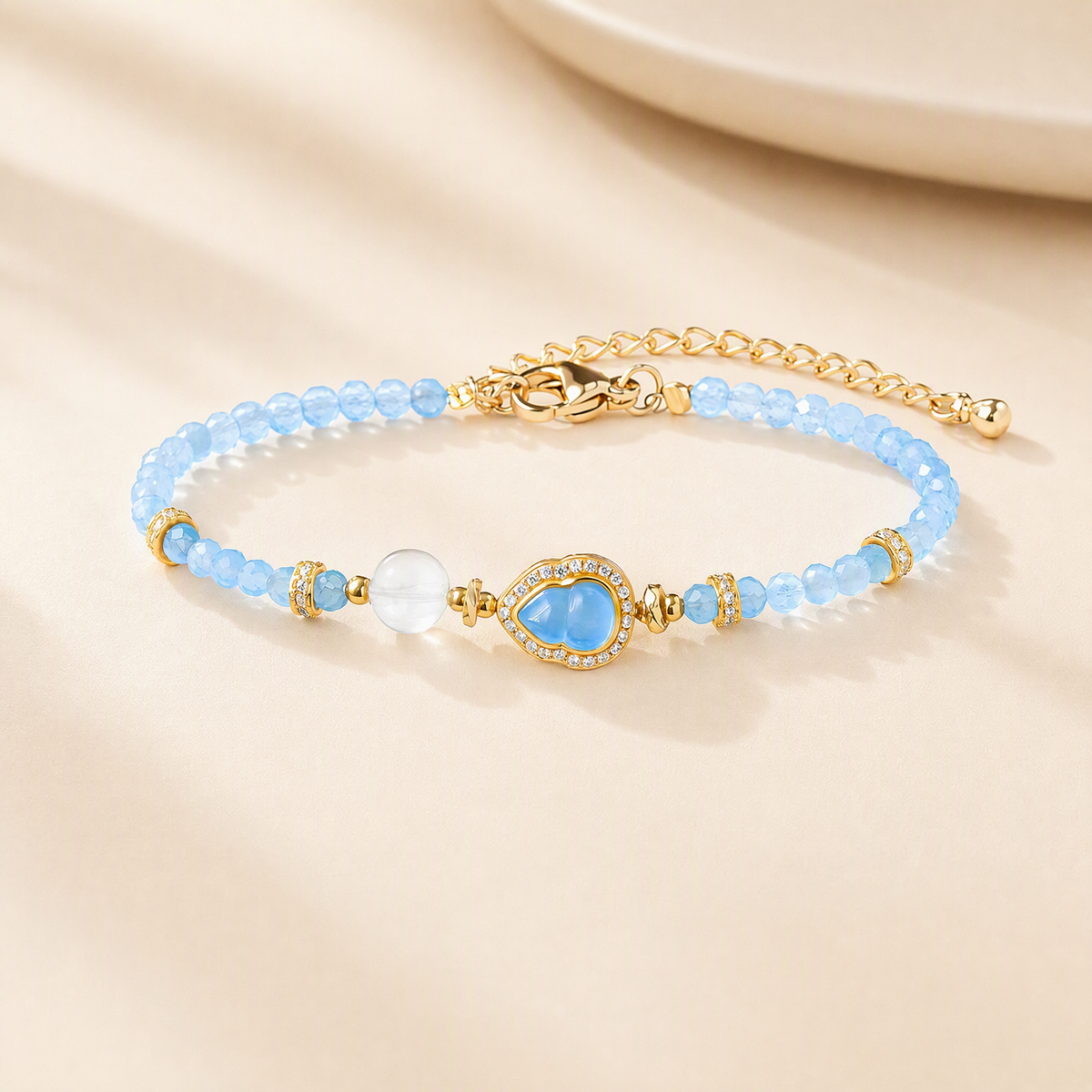 Faceted Gemstone Bracelet with Crystal-Embellished Gourd Charm – 5 Color Options