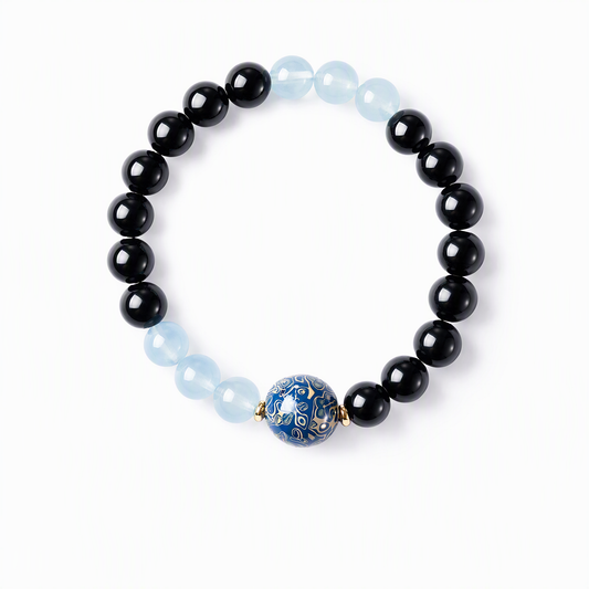 Black Obsidian & Aquamarine Bracelet with Handcrafted Lacquer Beads – 8mm