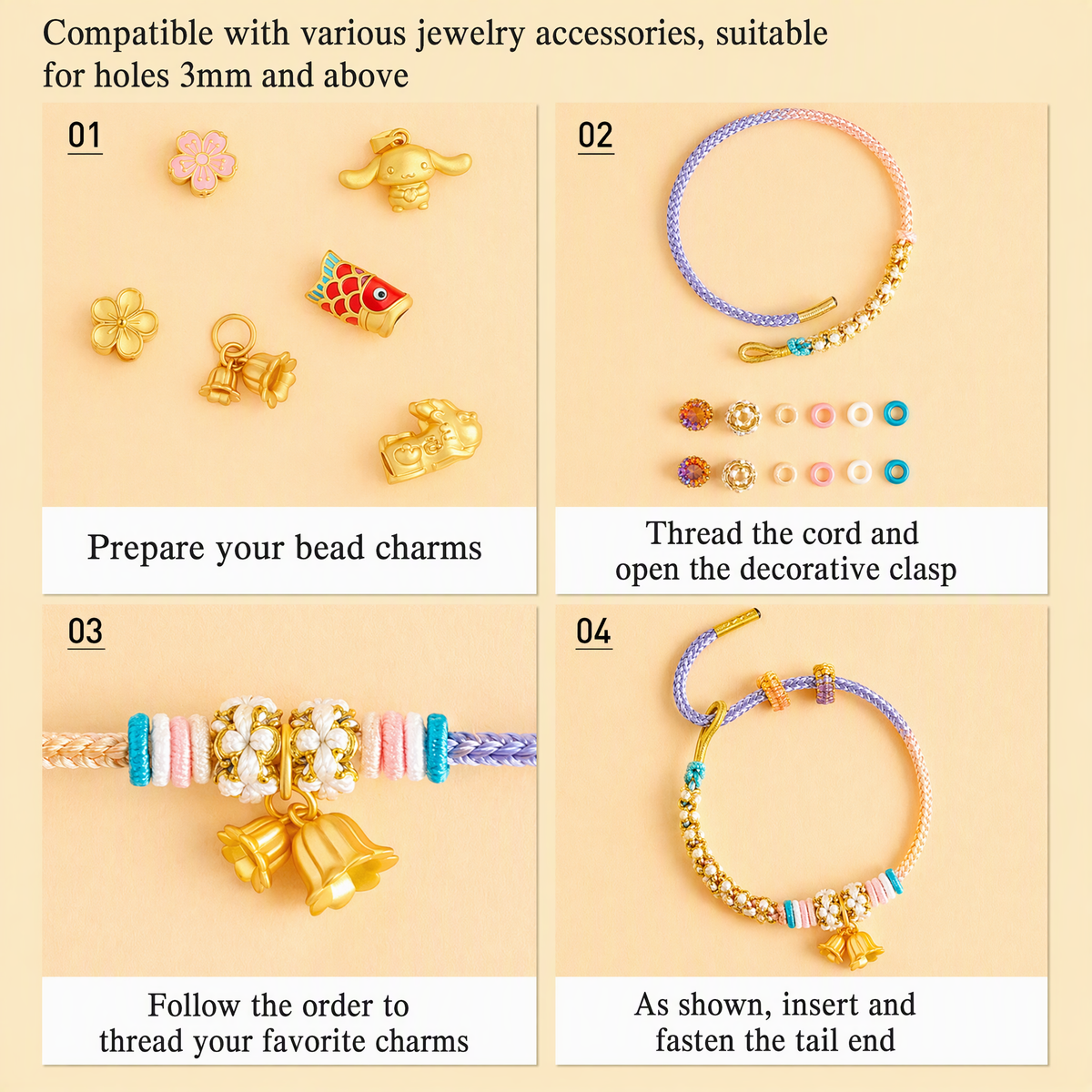 DIY Adjustable Woven Lucky Bracelet with Peach Blossom Knot – Bead-Compatible Bracelet for Adults & Kids