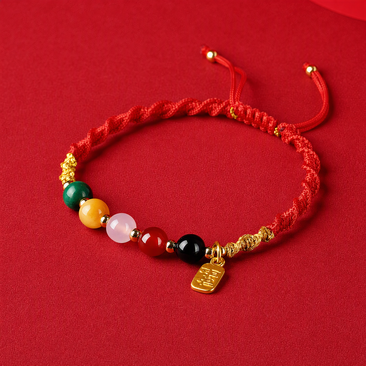 Red String Bracelet with Natural Gemstones & Gold Fu Charm – Adjustable Good Luck Jewelry