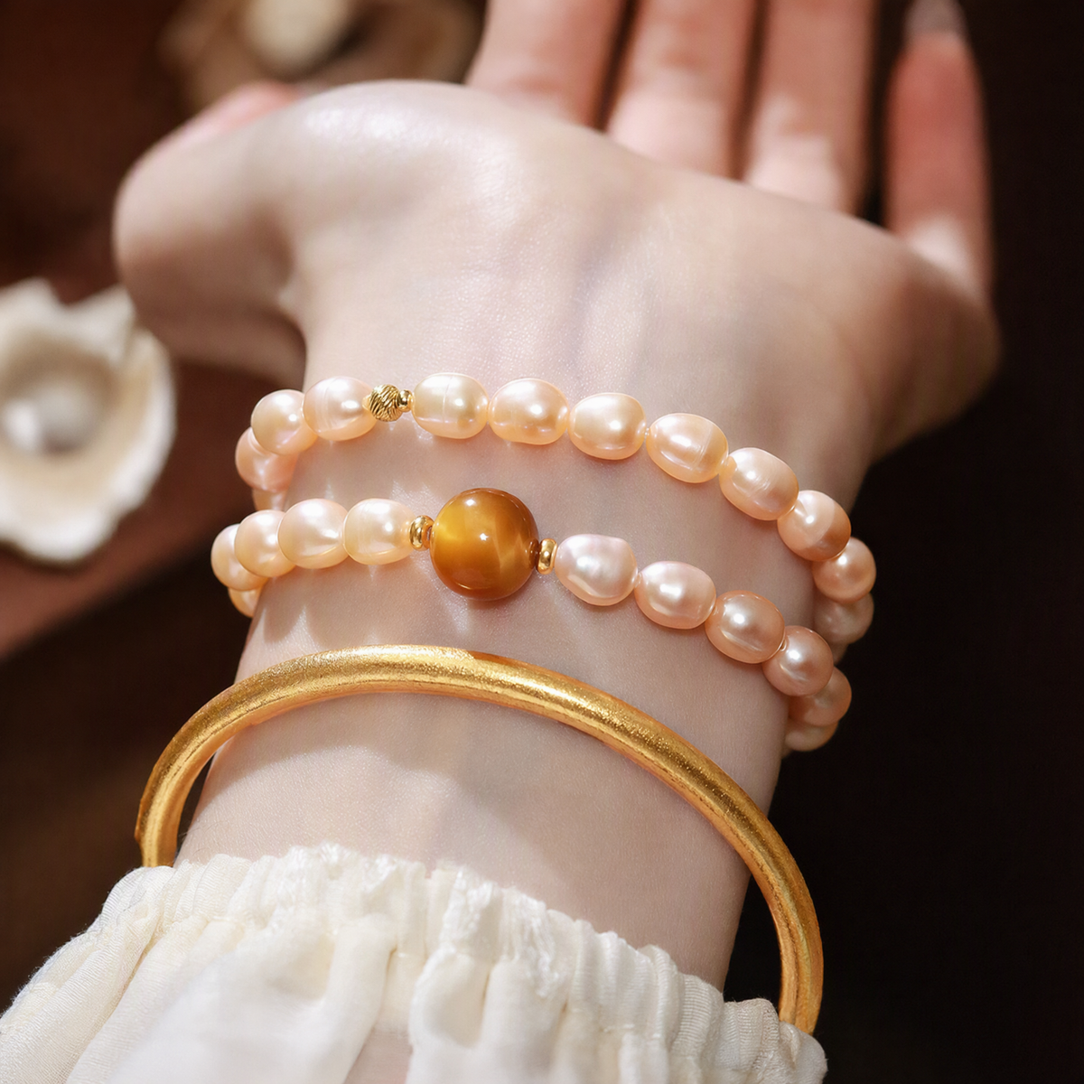 Freshwater Pearl & Golden Tiger’s Eye Multi-Wrap Bracelet