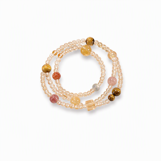 Natural Citrine 3-Wrap Crystal Bracelet with Tiger's Eye & Golden Rutilated Quartz