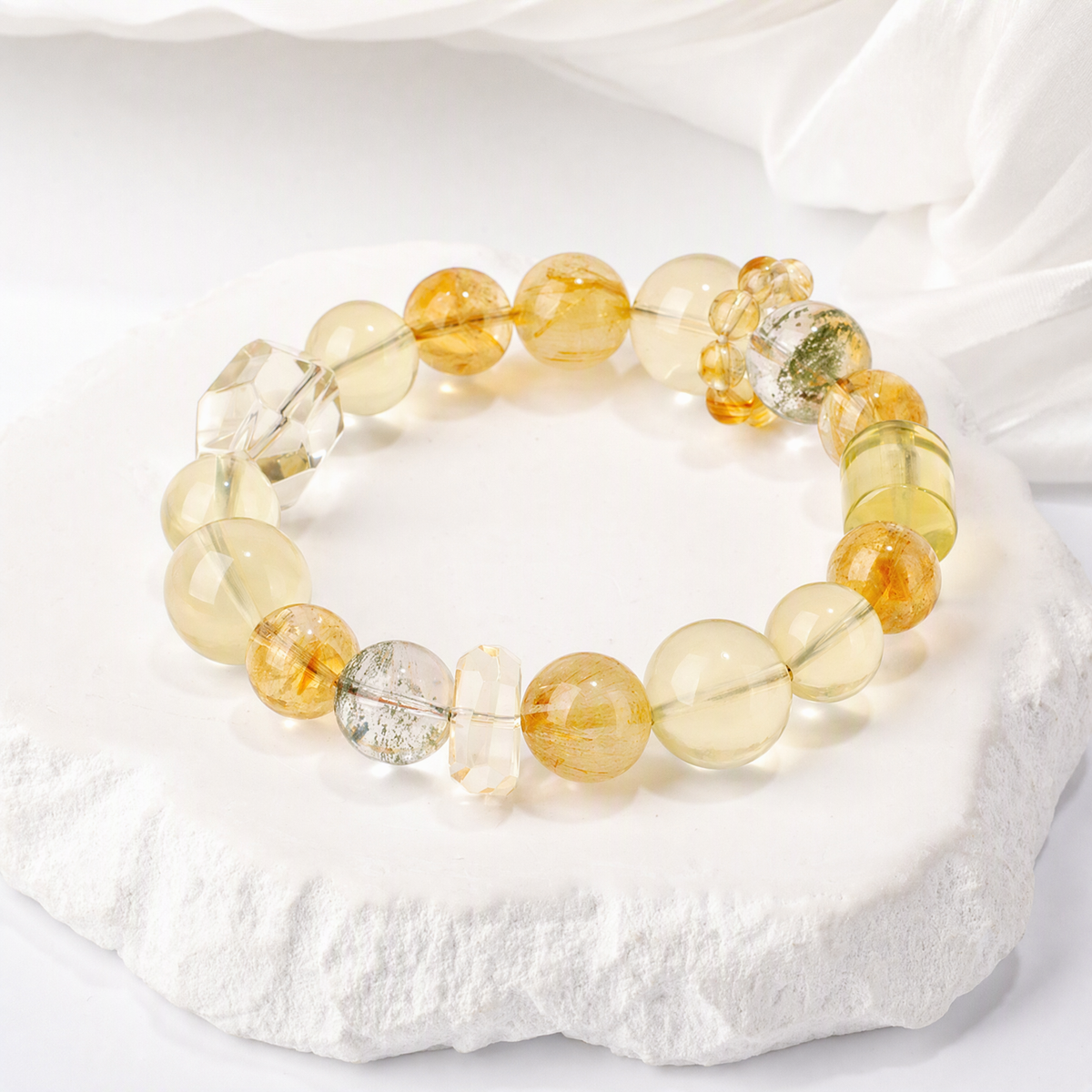Natural Green Phantom Quartz & Citrine Bracelet with Golden Rutilated Quartz – Mixed Gemstone Jewelry