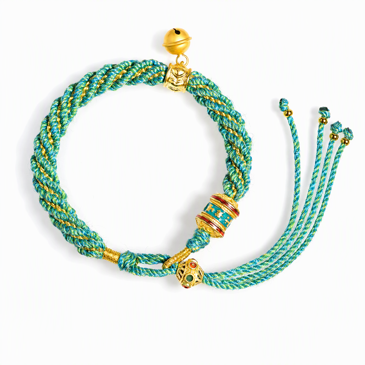 Tibetan-Inspired Woven Mantra Bracelet with Bell & Six-Syllable Mantra Wheel