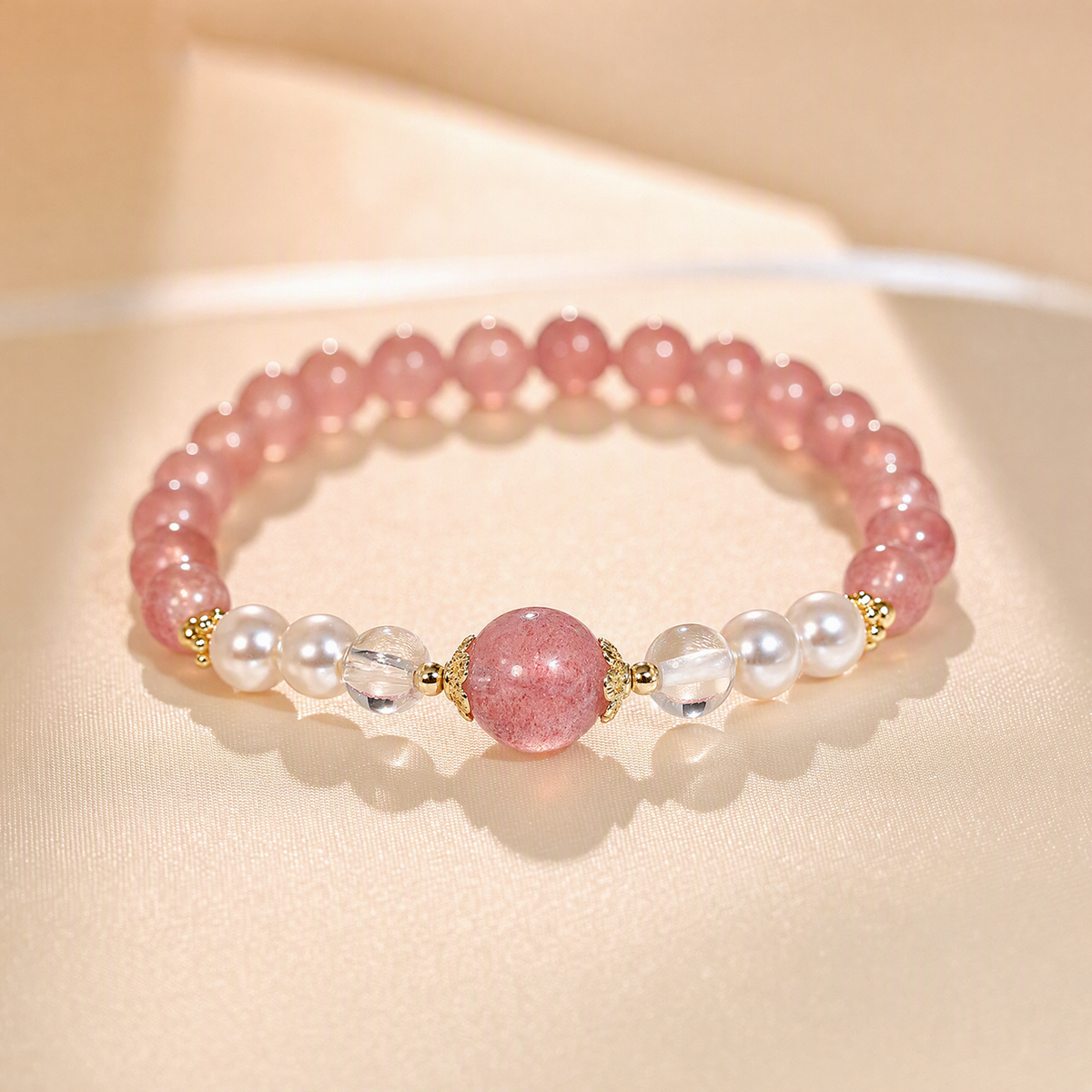 Pearl & Strawberry Quartz Bracelet – Natural Crystal Jewelry Gift for Her