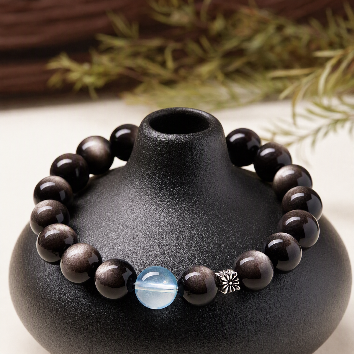 Silver Sheen Obsidian & Aquamarine Bracelet with S925 Sterling Silver Beads