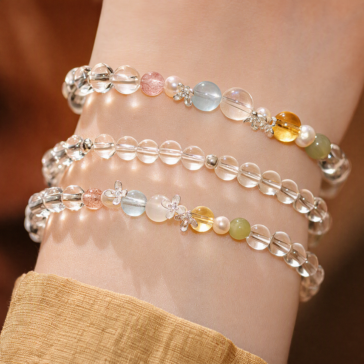 Natural Clear Quartz Rainbow Multigemstone Bracelet with Pearl & 925 Sterling Silver