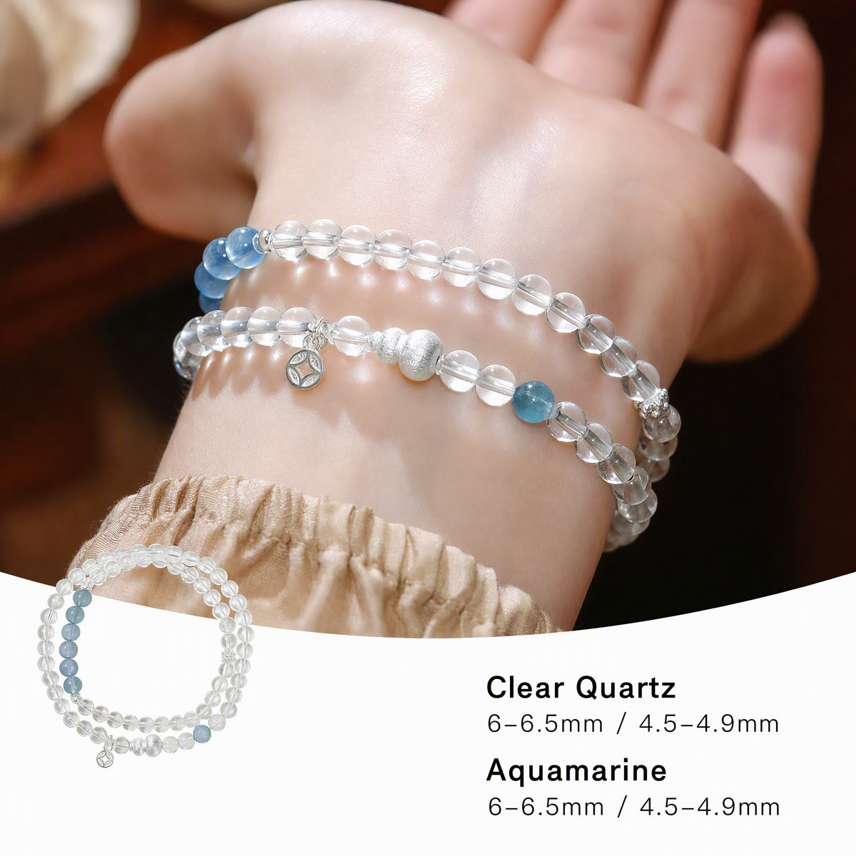 Natural Clear Quartz & Aquamarine Multi-Wrap Bracelet – Adjustable Crystal Jewelry