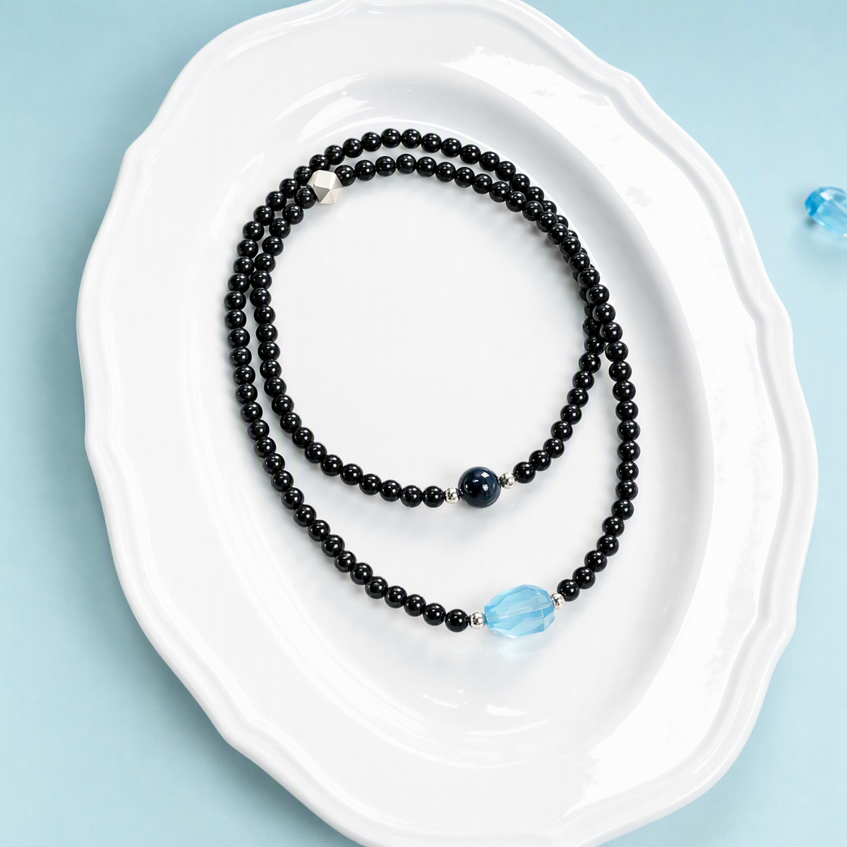 Black Obsidian, Aquamarine & Blue Tiger’s Eye Double-Wrap Bracelet – 4mm