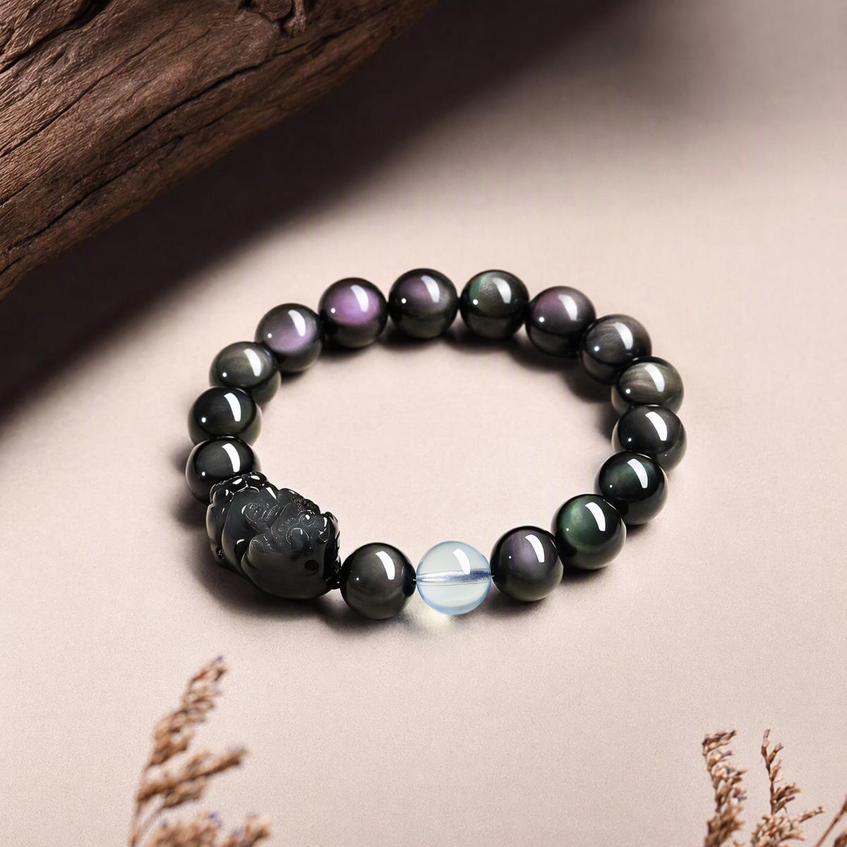 Rainbow Sheen Obsidian & Aquamarine Pixiu Bracelet – Unisex