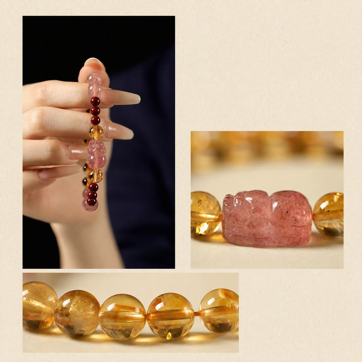 Natural Citrine & Strawberry Quartz Bracelet for Women with Pixiu Charm