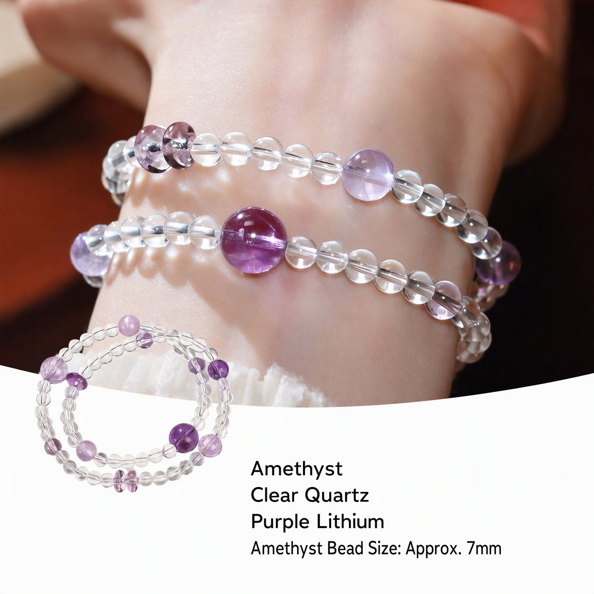 Lepidolite, Clear Quartz & Amethyst Multi-Wrap Bracelet