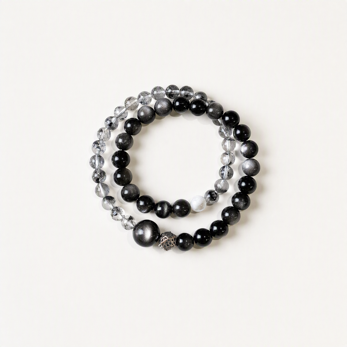 Silver Sheen Obsidian & Phantom Quartz Bracelet – 10.5mm Beads