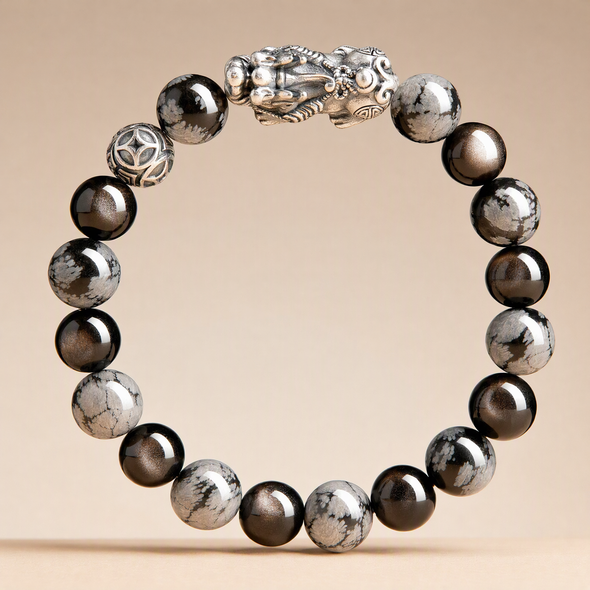 S999 Silver Pixiu & Black Obsidian Bracelet – Vintage Unisex Design