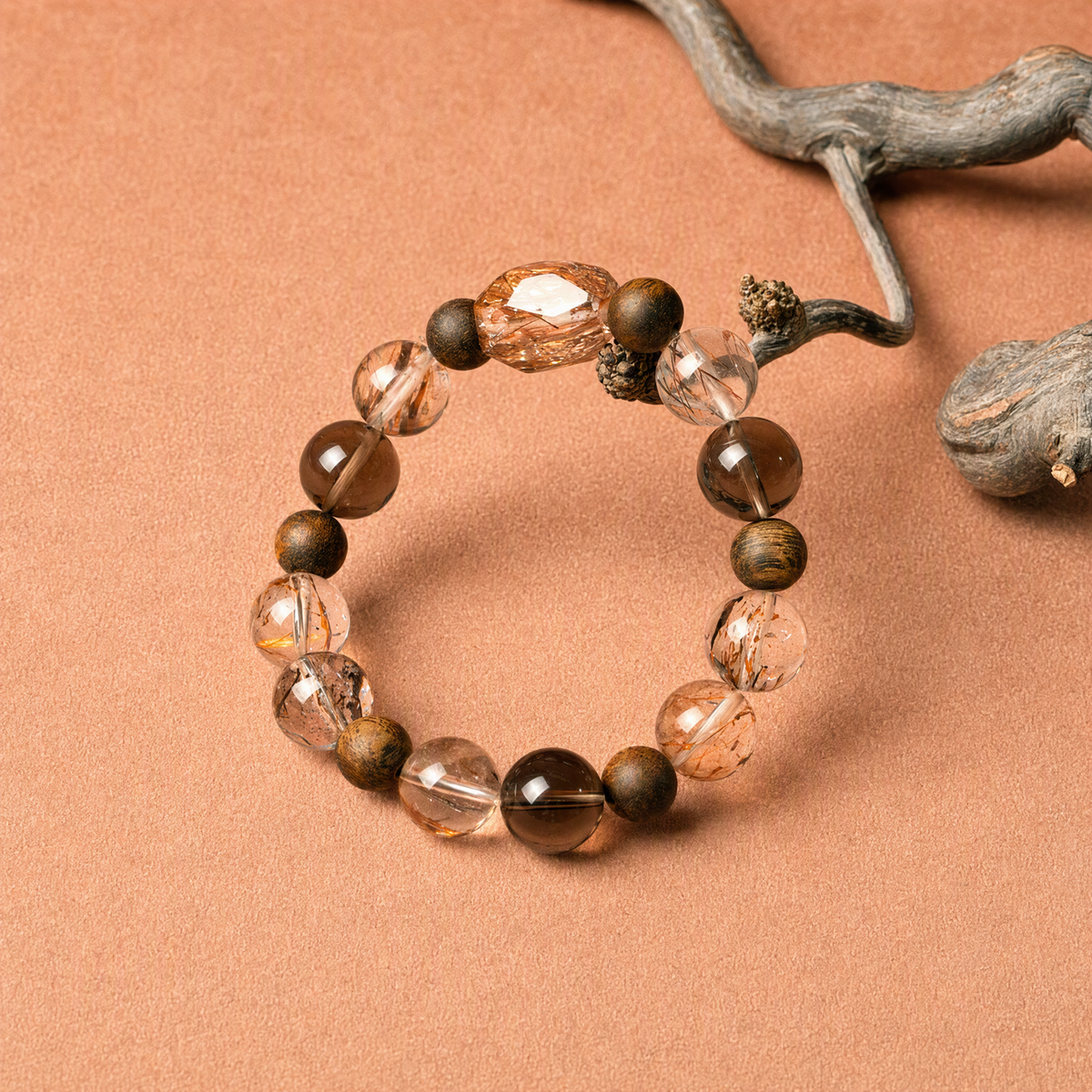 Black Gold Super Seven & Smoky Quartz Bracelet with Agarwood – Natural Gemstone Jewelry