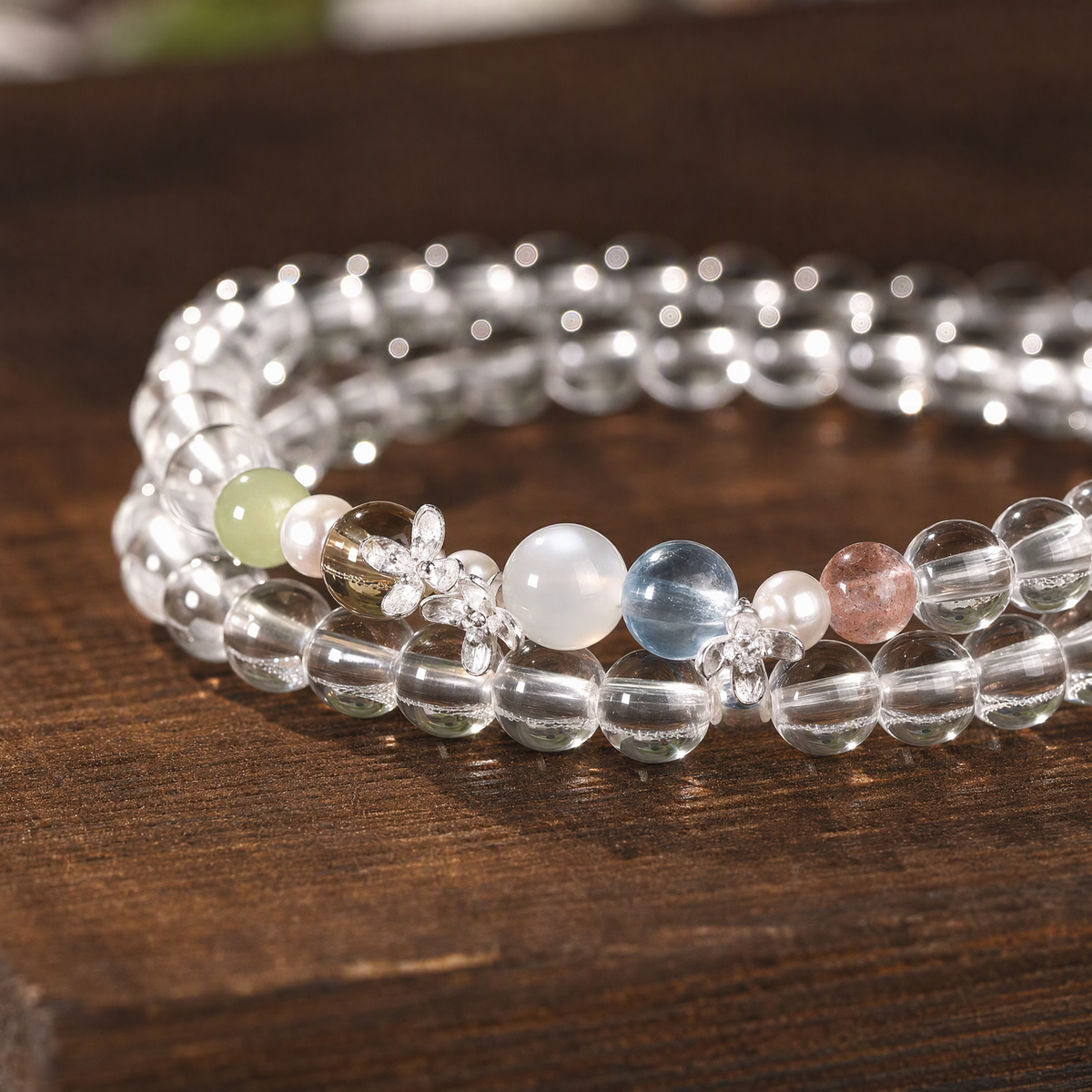 Natural Clear Quartz Rainbow Multigemstone Bracelet with Pearl & 925 Sterling Silver