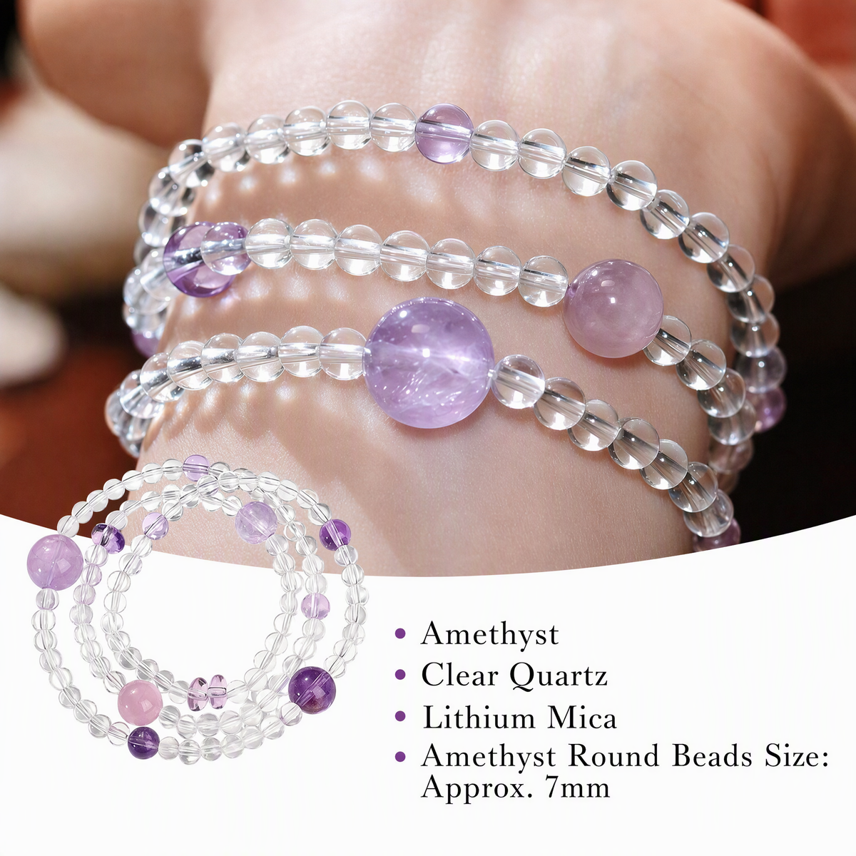 Lepidolite, Clear Quartz & Amethyst Multi-Wrap Bracelet