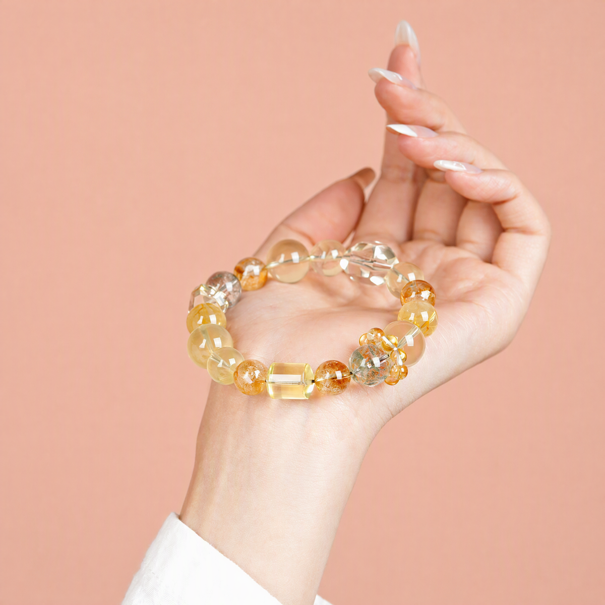 Natural Green Phantom Quartz & Citrine Bracelet with Golden Rutilated Quartz – Mixed Gemstone Jewelry