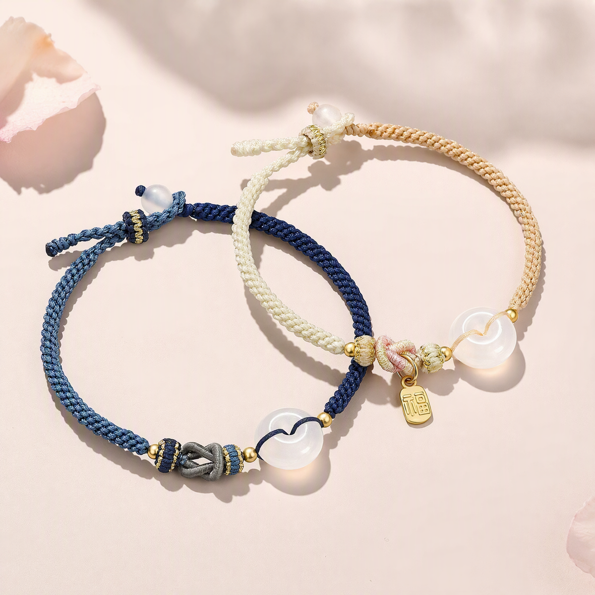 White Agate Peace Knot Couple Bracelets – Adjustable Woven String Bracelets with Lucky Fu Charm