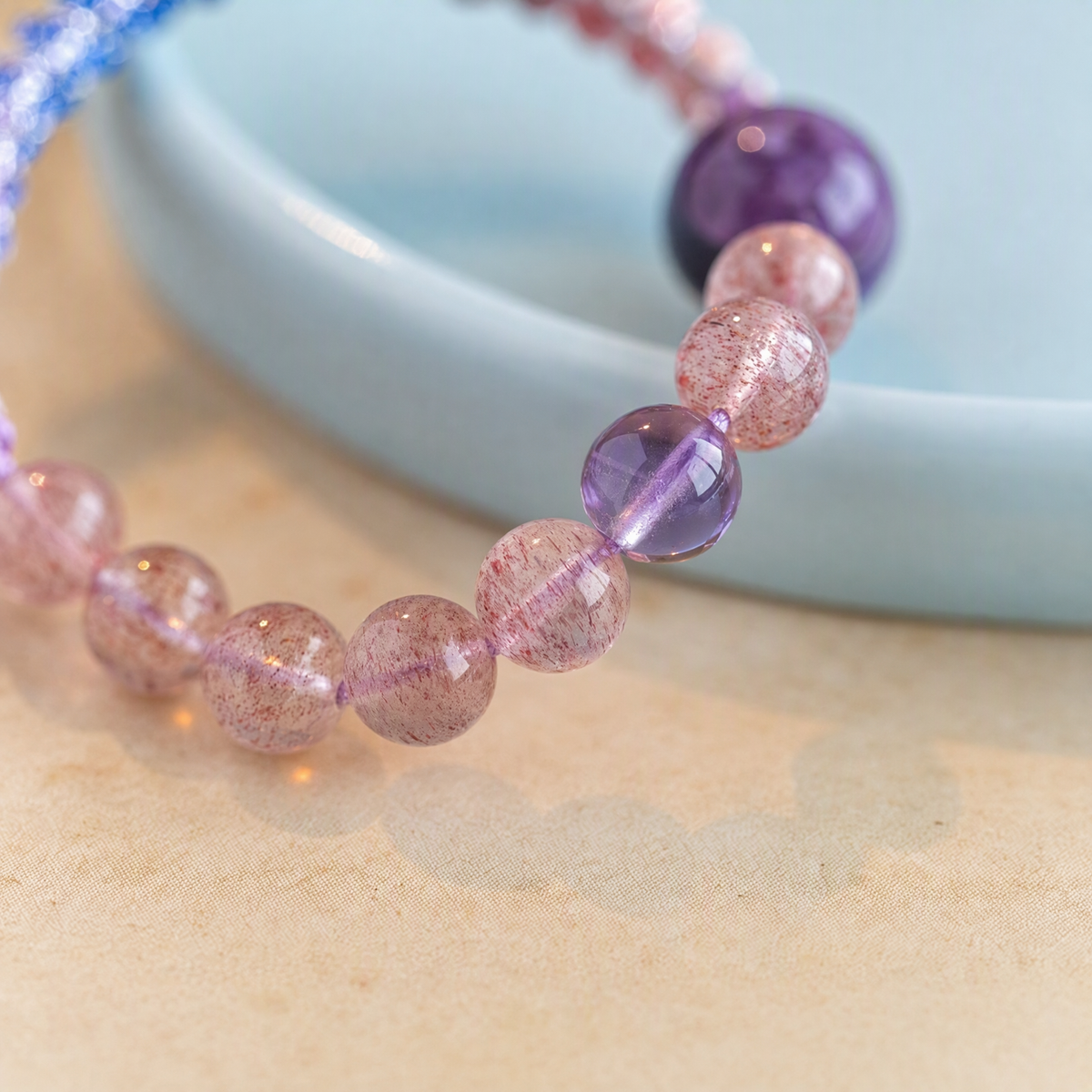 Natural Strawberry Quartz, Charoite & Amethyst Woven Bracelet – Adjustable Gemstone Jewelry