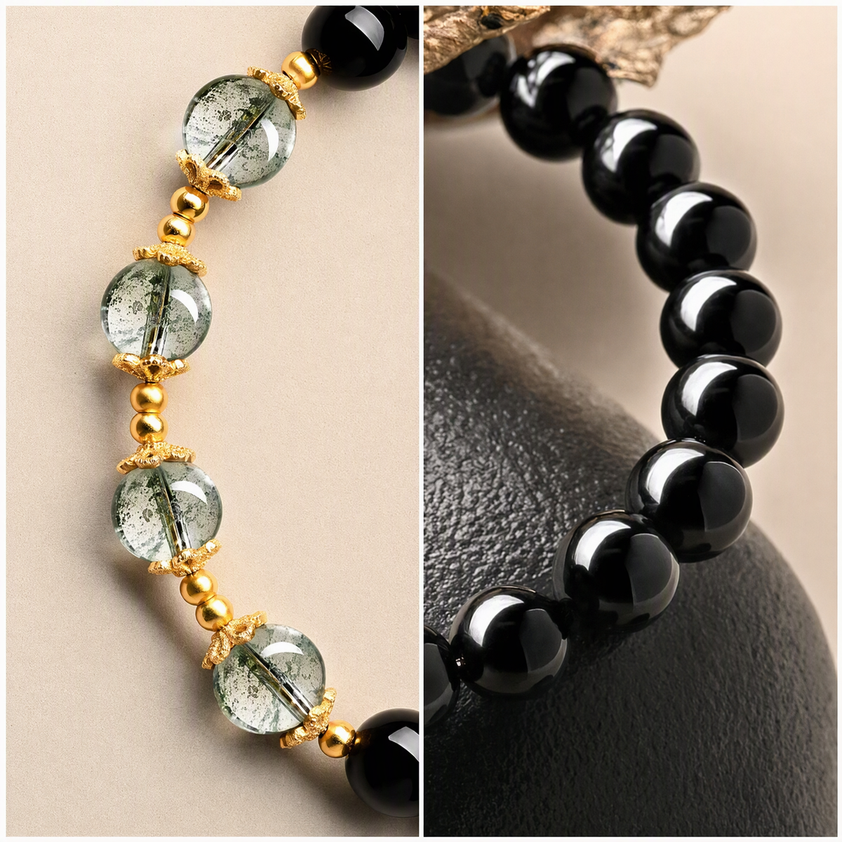Natural Black Obsidian & Green Phantom Quartz Bracelet – Meaningful Gemstone Jewelry