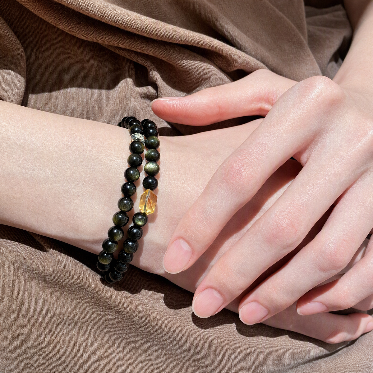 Gold Sheen Obsidian & Citrine Beaded Bracelet – Double or Triple Wrap