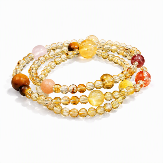Natural Citrine 3-Wrap Crystal Bracelet with Tiger's Eye & Mixed Gemstones for Women