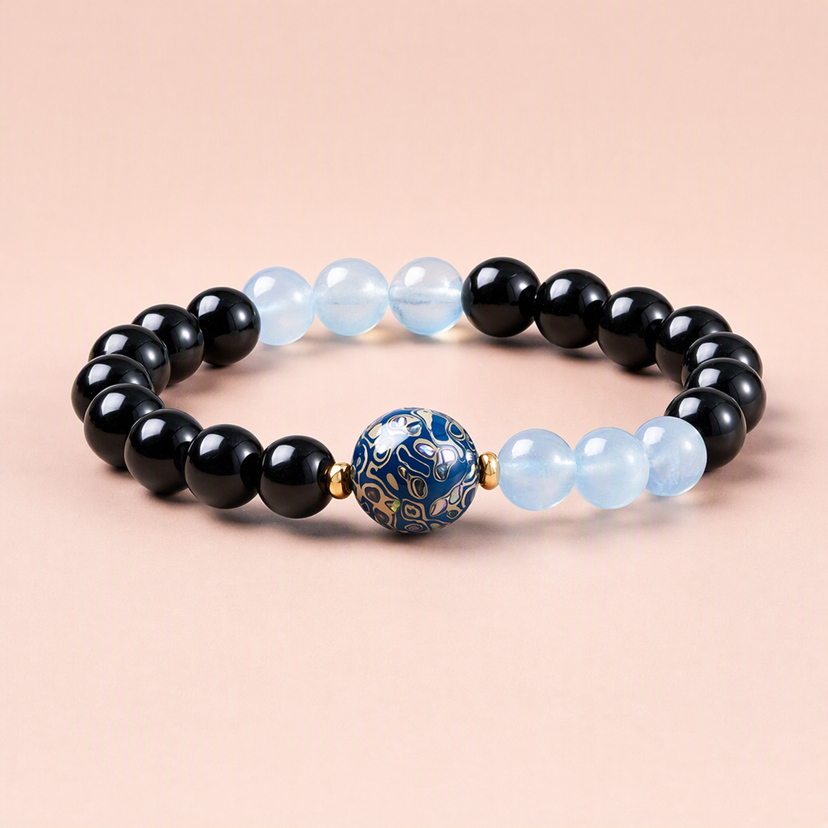 Black Obsidian & Aquamarine Bracelet with Handcrafted Lacquer Beads – 8mm