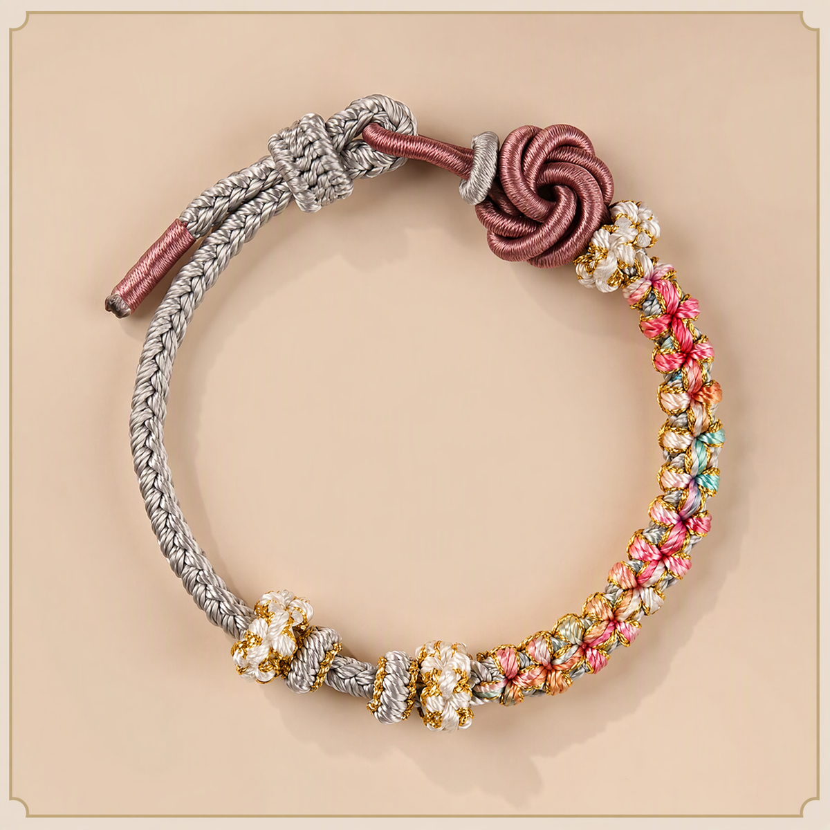 Boho DIY Woven Bracelet with Mandala & Peach Blossom Knot – Adjustable Beaded Bracelet