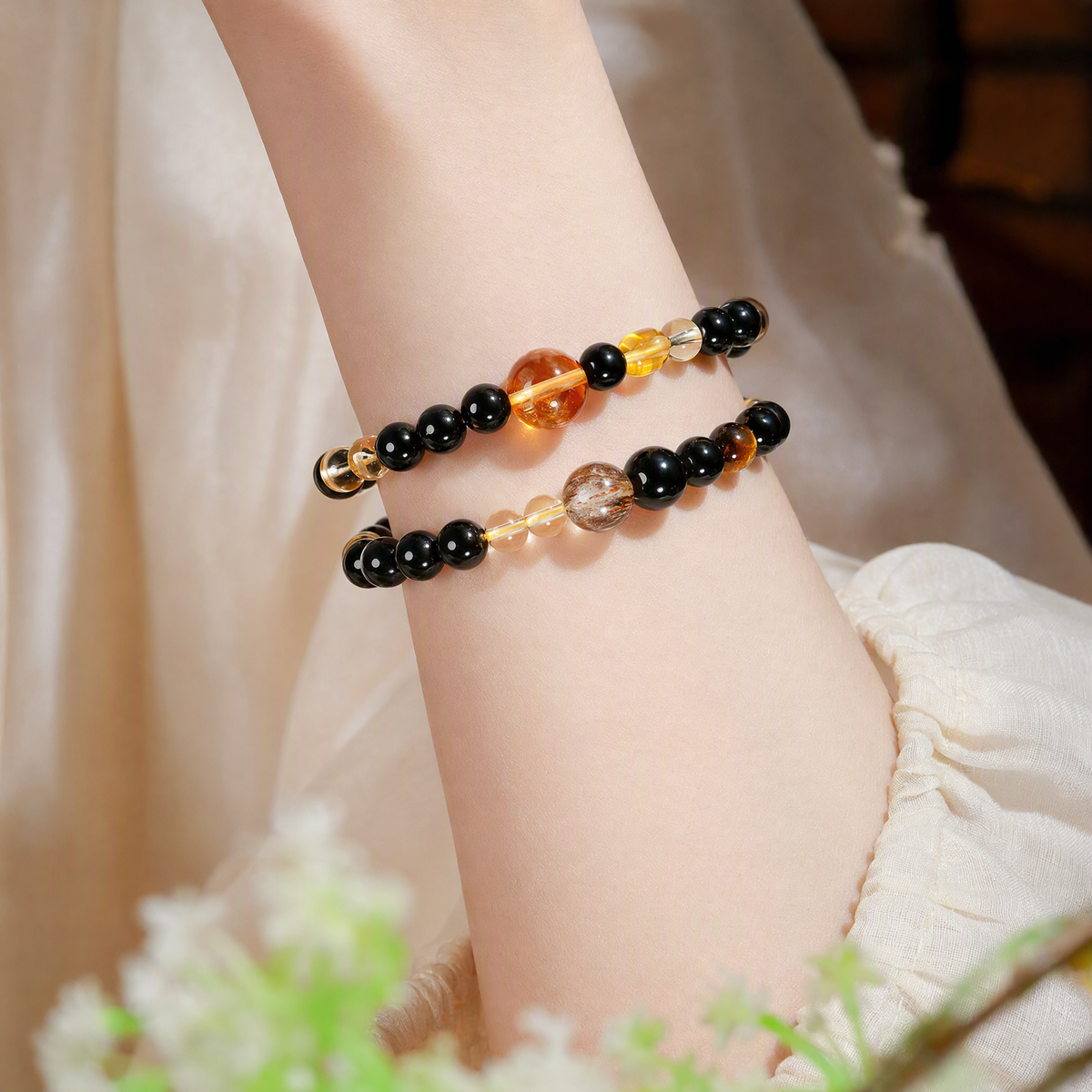 Citrine & Black Obsidian Multi-Layer Bracelet – Mixed Gemstone Design