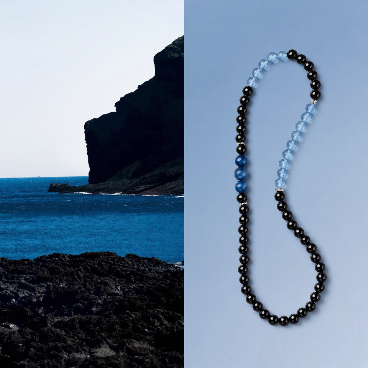 Aquamarine & Black Obsidian Double Wrap Bracelet with Blue Kyanite – Natural Crystal Gemstone Jewelry