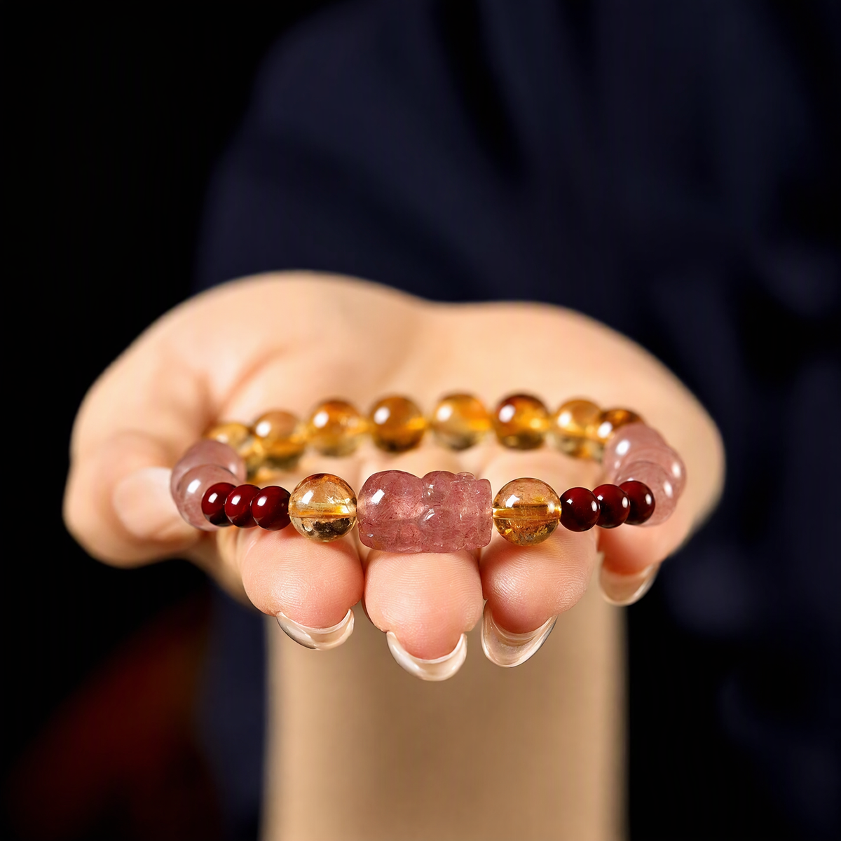 Natural Citrine & Strawberry Quartz Bracelet for Women with Pixiu Charm