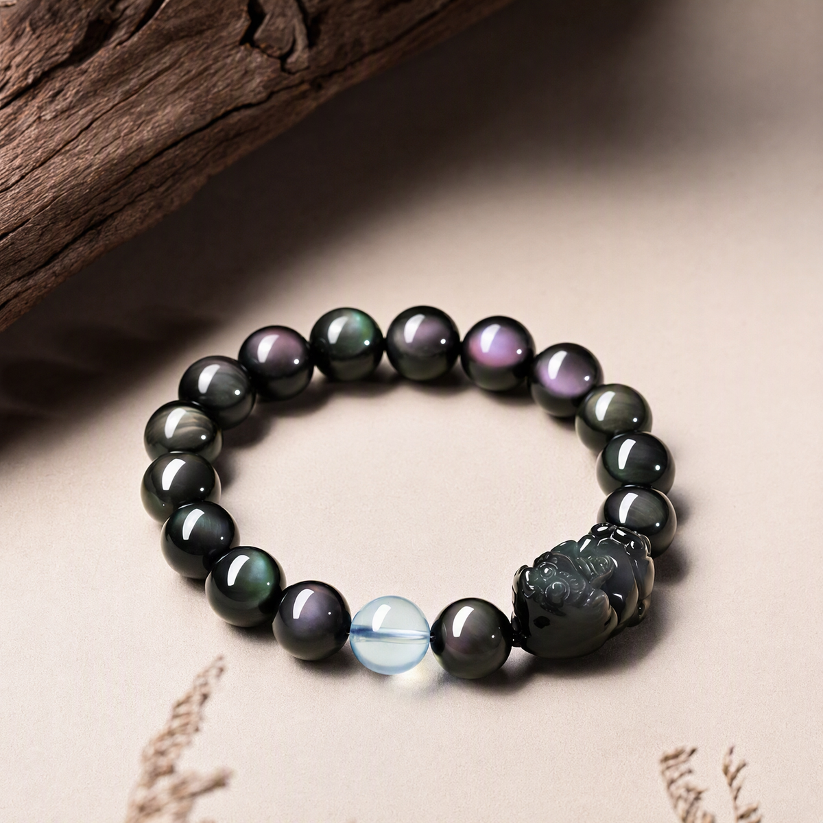 Rainbow Sheen Obsidian & Aquamarine Pixiu Bracelet – Unisex