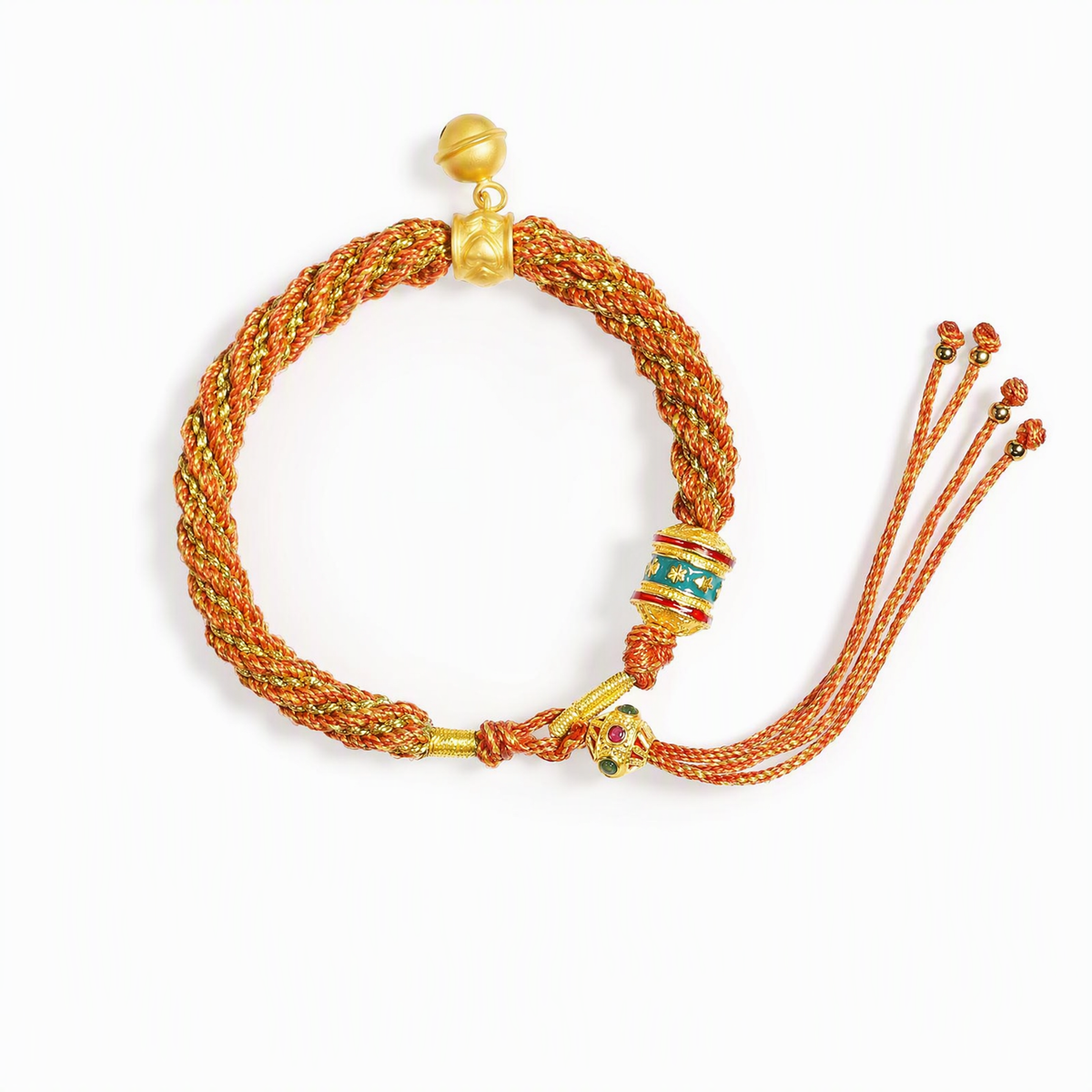 Tibetan-Inspired Woven Mantra Bracelet with Bell & Six-Syllable Mantra Wheel