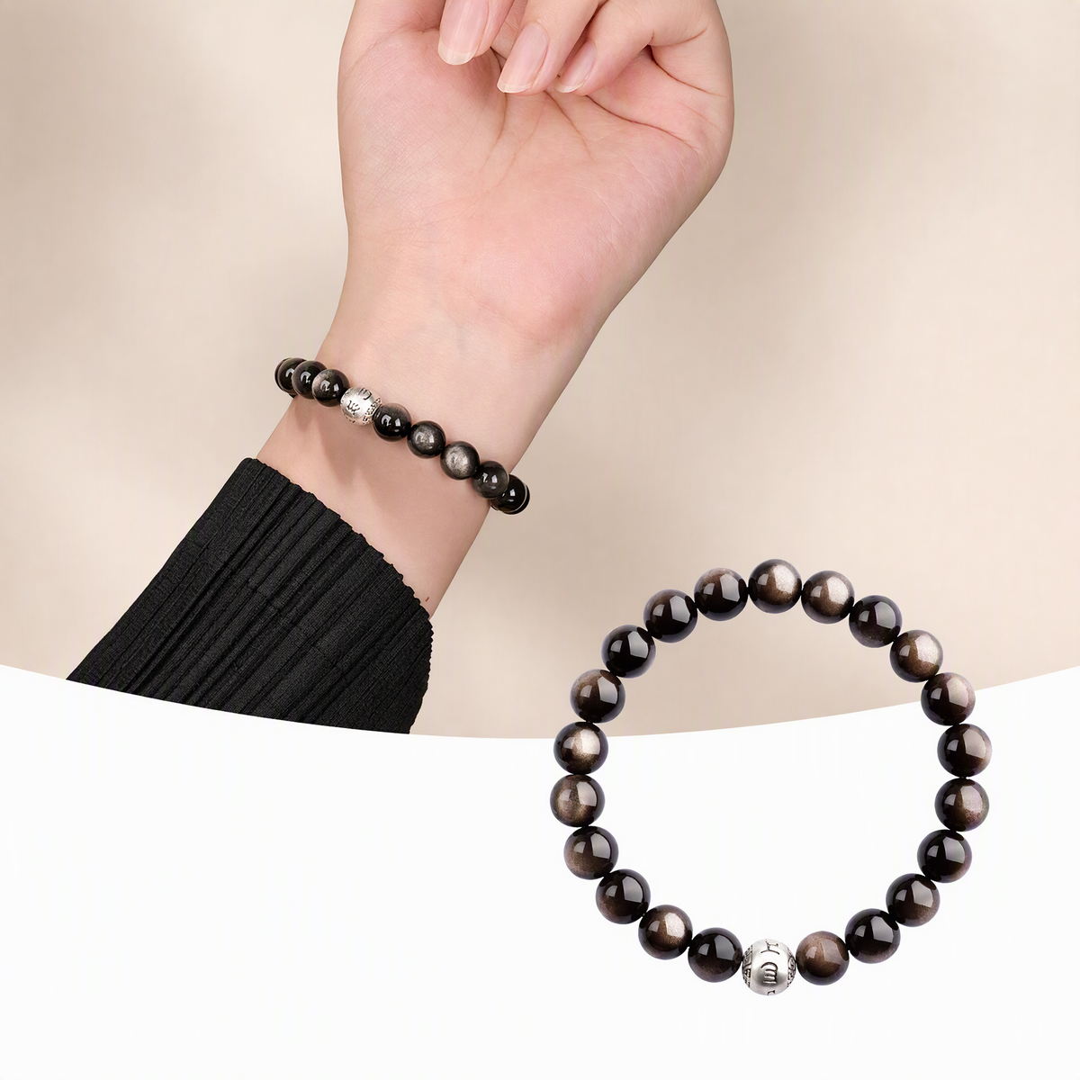 Silver Sheen Obsidian Six-Syllable Mantra Bracelet – Unisex