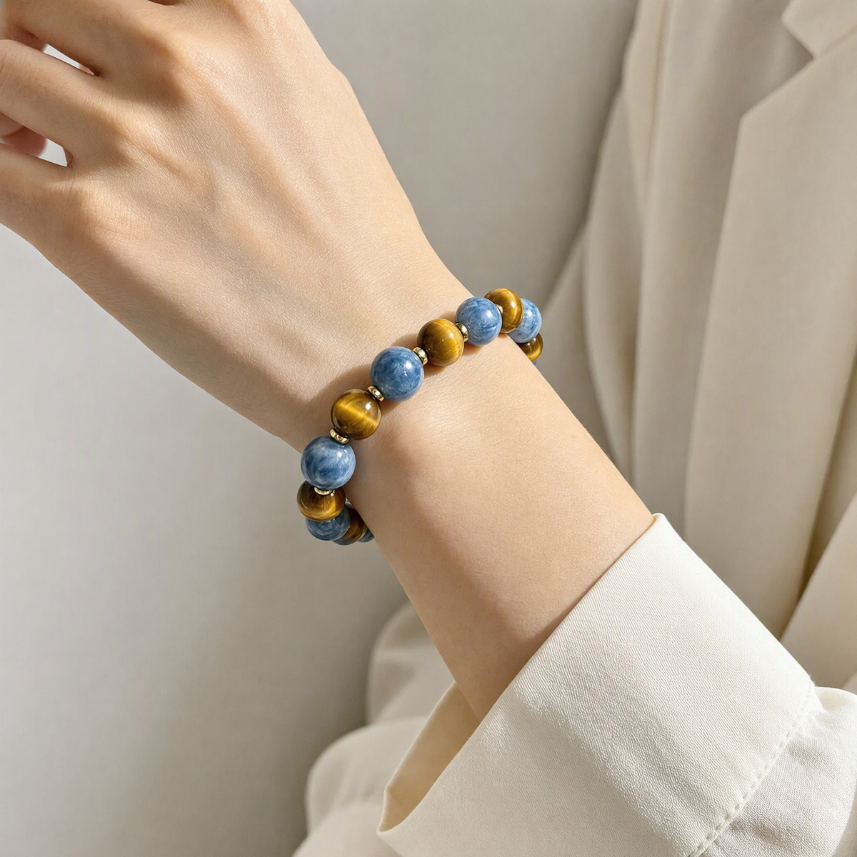 Blue Kyanite & Tiger’s Eye Couple Bracelet Set – 12mm & 14mm Beads