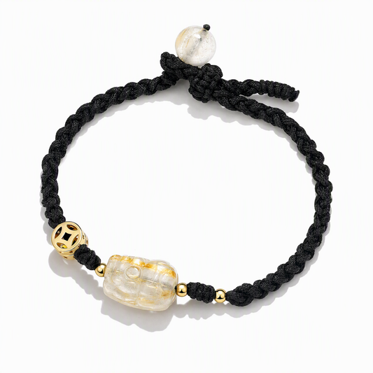 Couple Pixiu Bracelets with Golden Rutilated Quartz – Matching Black & Gold Woven Bracelets