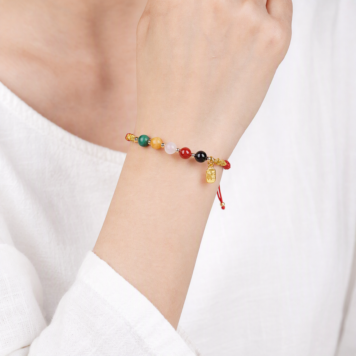 Red String Bracelet with Natural Gemstones & Gold Fu Charm – Adjustable Good Luck Jewelry
